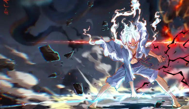 Anime character Monkey D. Luffy in Gear 5 form, with white flaming hair, red eyes, and a blue robe.