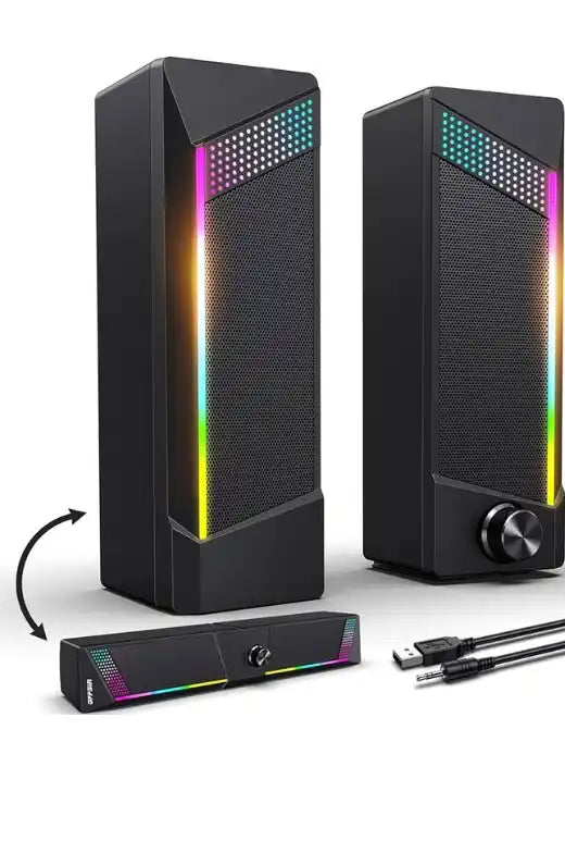 Black computer speakers with colorful LED lighting, featuring a convertible design that allows them to be used as two vertical towers or a single horizontal soundbar.