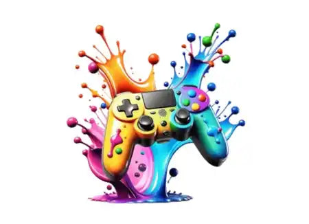 A vibrant, paint-splattered video game controller.