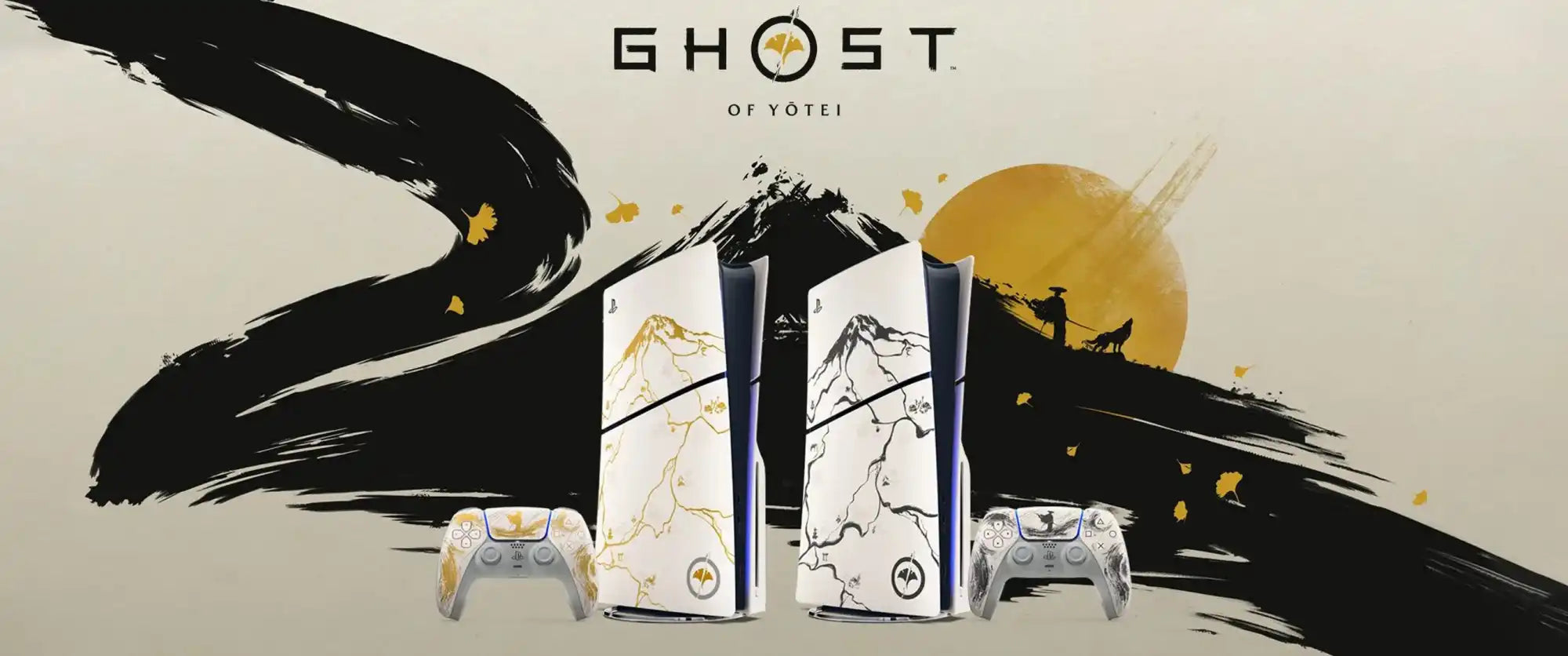 White and gold gaming console with mountain design, inspired by ghost of tsushima.