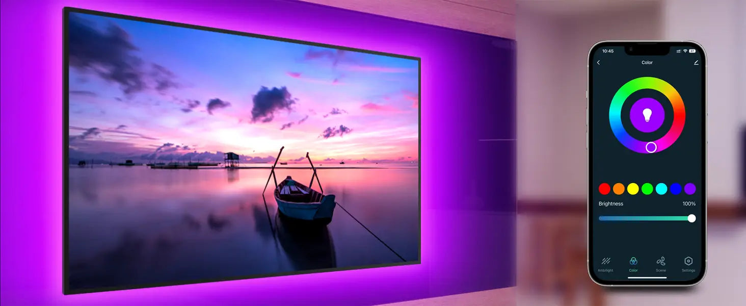 Large TV displaying sunset scene with boat, surrounded by purple ambient lighting. Smartphone showing color wheel app for controlling TV backlighting.