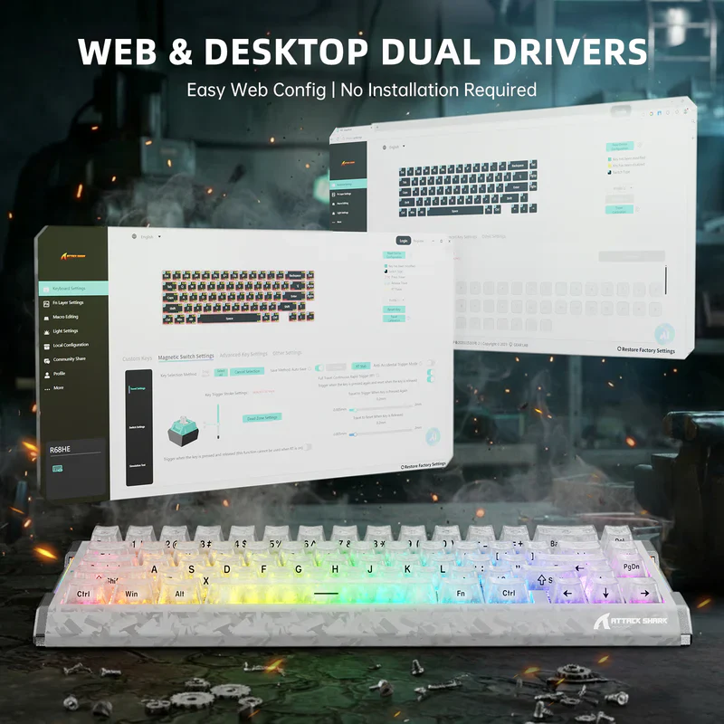 ATTACK SHARK R68HE 60% Wired Rapid Trigger 8K Mechanical RGB Gaming Keyboard with 0.005mm Accuracy,0.08ms Latency,256K Scan,Hall Effect Magnetic Switch,Carbon Fiber+CNC Aluminum Alloy for PC FPS(Ice)