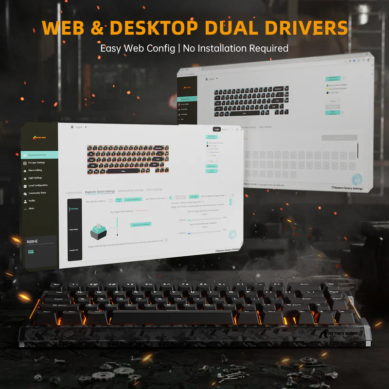 ATTACK SHARK R68 HE 60% Wired Rapid Trigger 8K Mechanical RGB Gaming Keyboard with 0.005mm Accuracy,0.08ms Latency,256K Scan,Hall Effect Magnetic Switch,Carbon Fiber+CNC Aluminum Alloy for PC FPS(Ink)