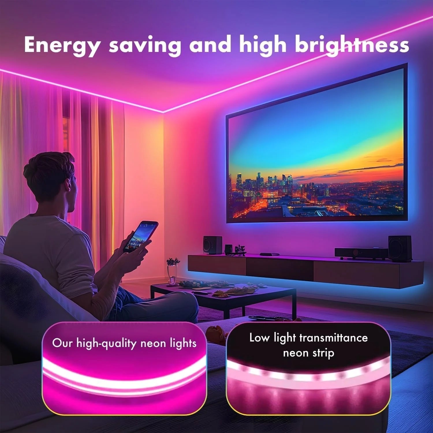 10m rgb-ic neon led strip light – 60+ dynamic lighting effects smart app & remote control with music sync usb powered