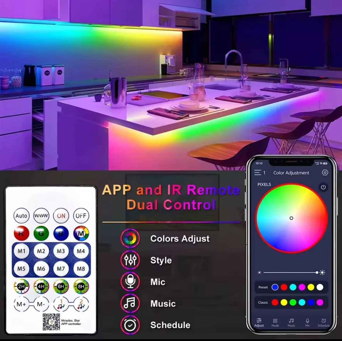 10m rgb-ic neon led strip light – 60+ dynamic lighting effects smart app & remote control with music sync usb powered