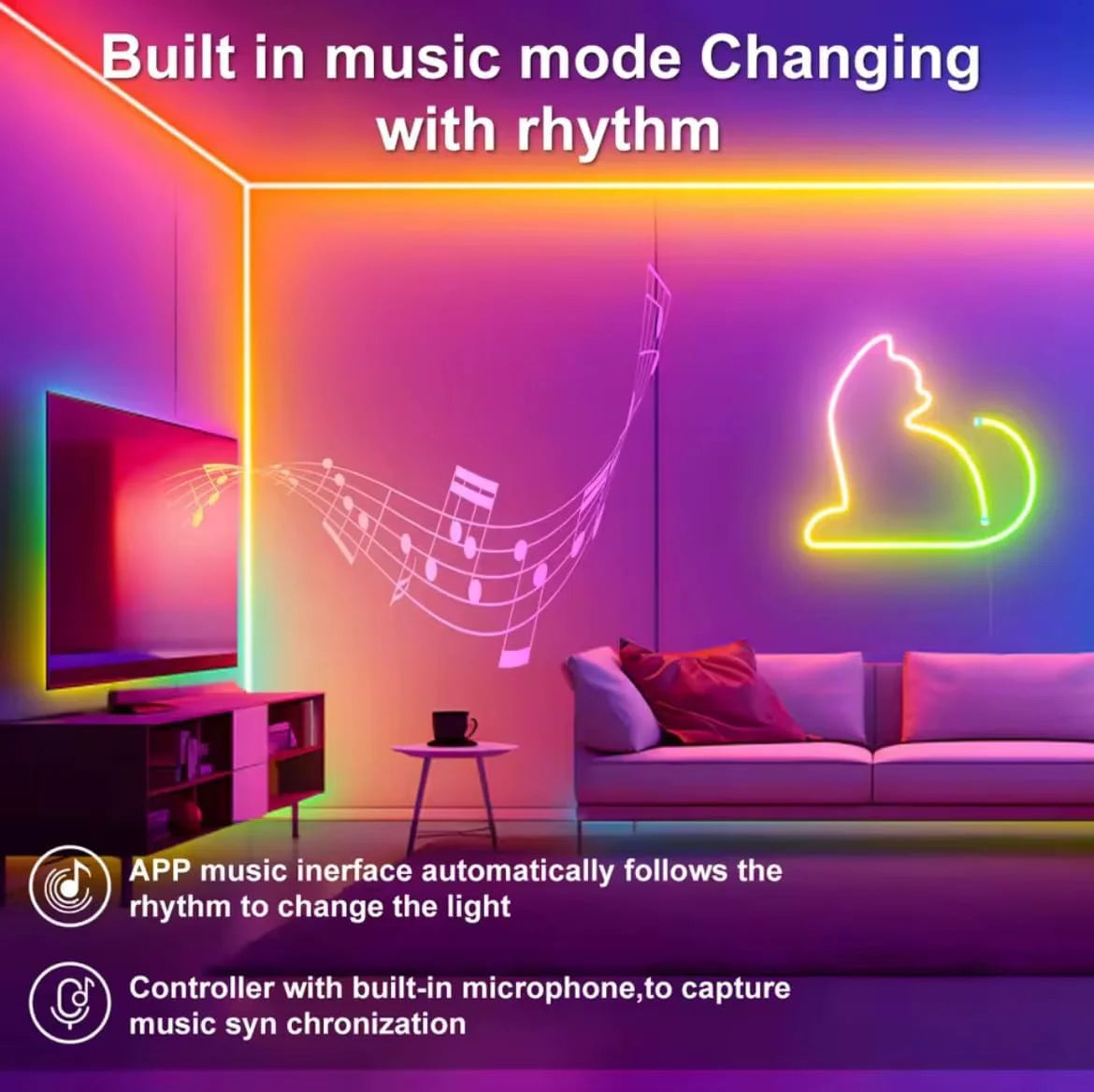 10m rgb-ic neon led strip light – 60+ dynamic lighting effects smart app & remote control with music sync usb powered