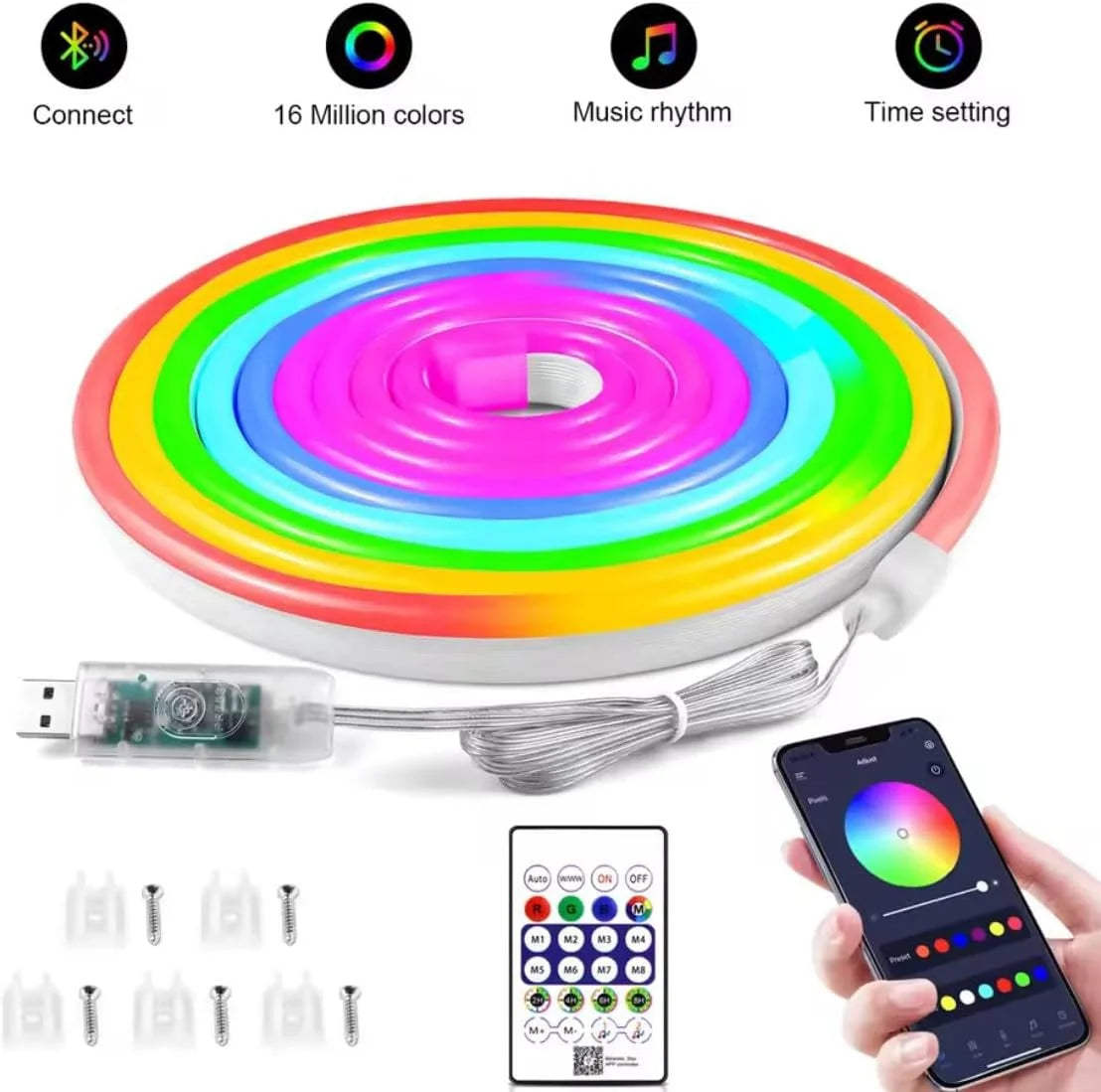 10m rgb-ic neon led strip light – 60+ dynamic lighting effects smart app & remote control with music sync usb powered