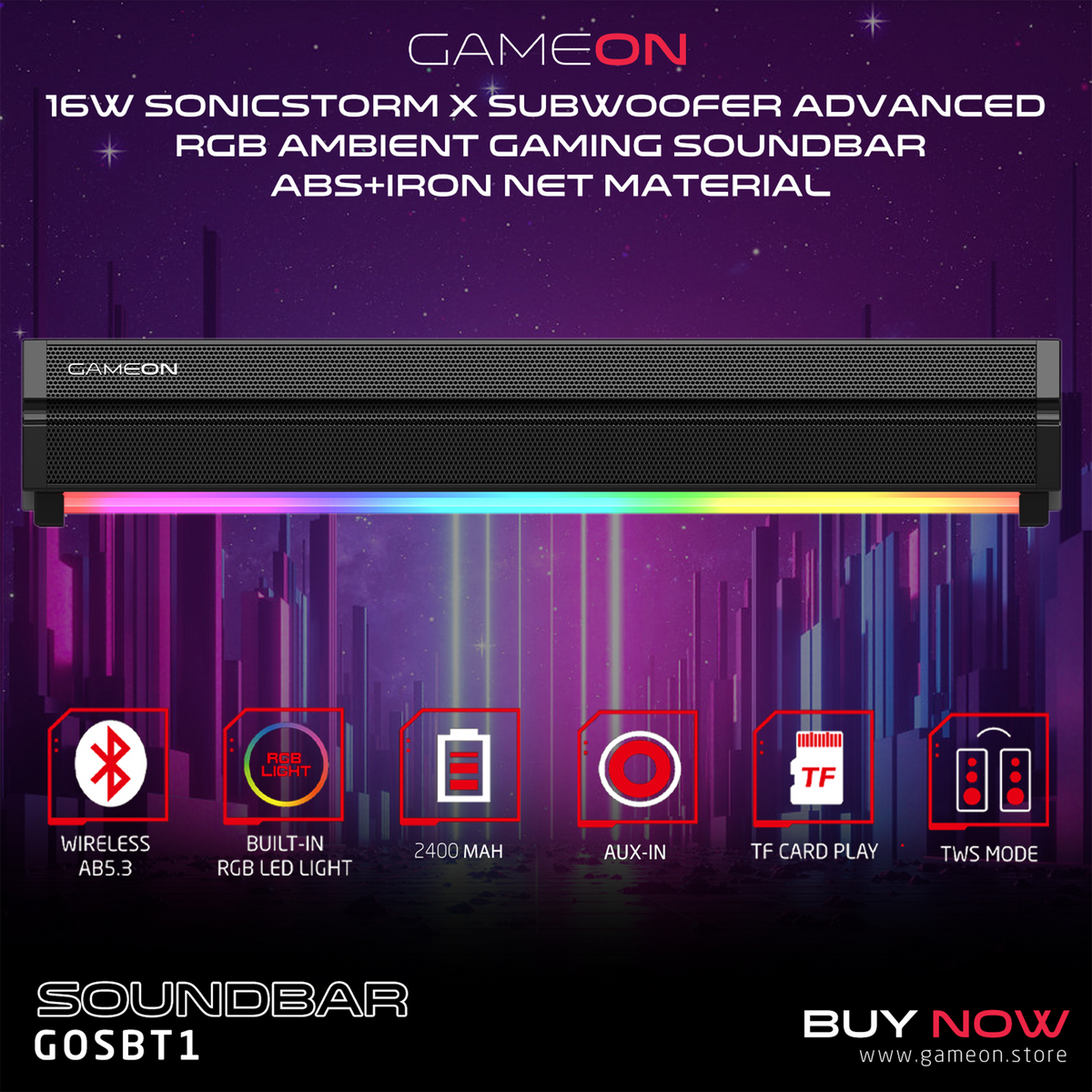 Gameon sonicstorm x wireless rgb gaming soundbar - black - audio | speakers