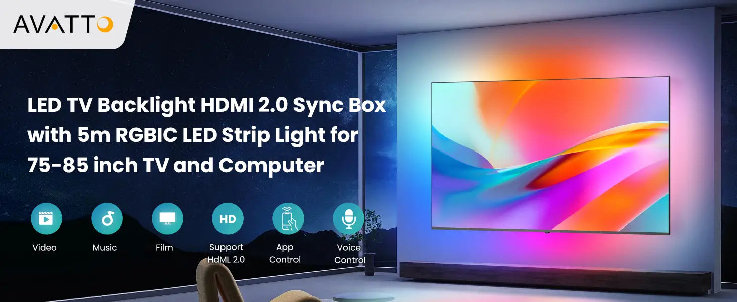 LED TV backlight kit with HDMI 2.0 Sync Box and 5m RGBIC LED strip for 75-85 inch TVs. Features WiFi, Alexa, and app control. Shows colorful light display behind a large TV.