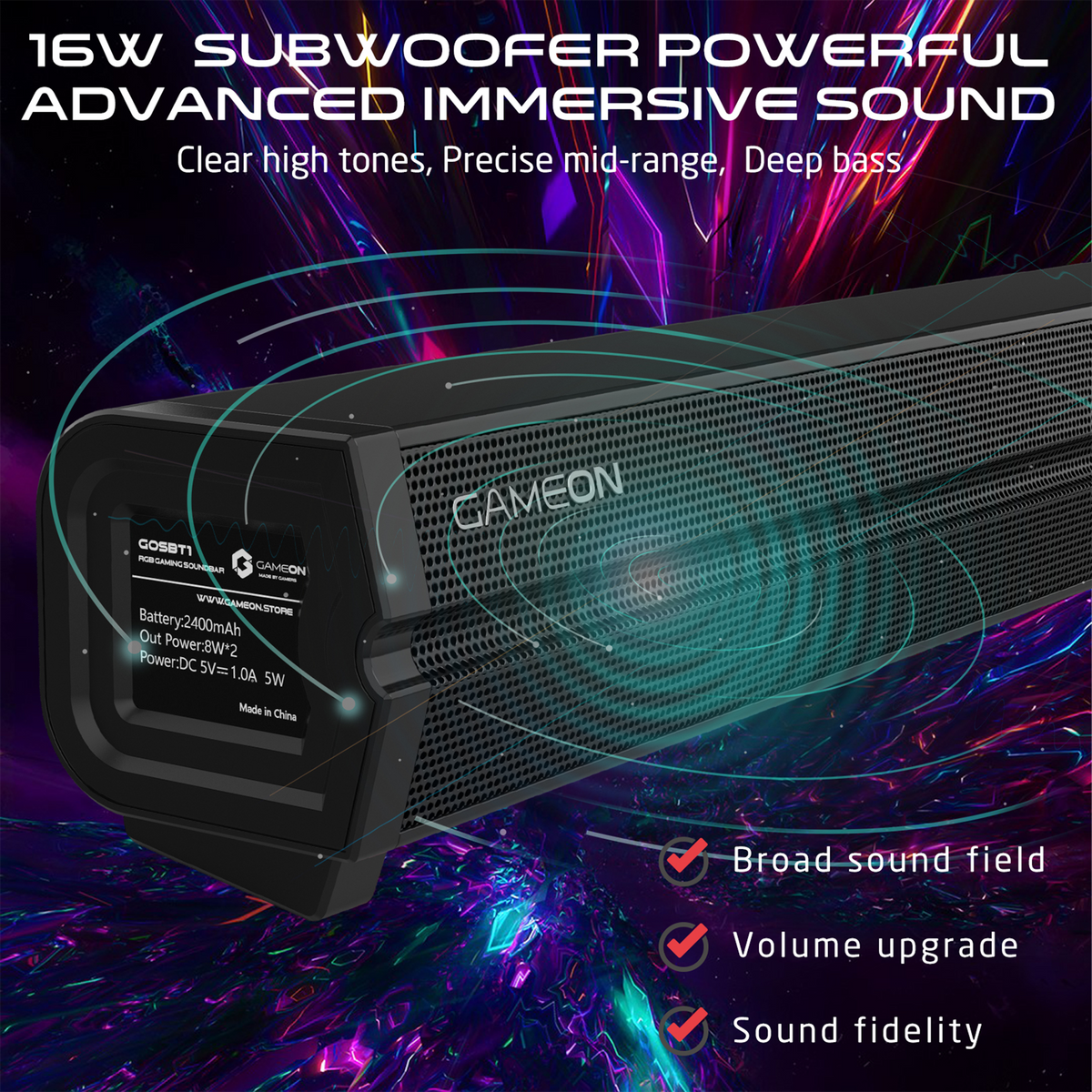 Gameon sonicstorm x wireless rgb gaming soundbar - black - audio | speakers