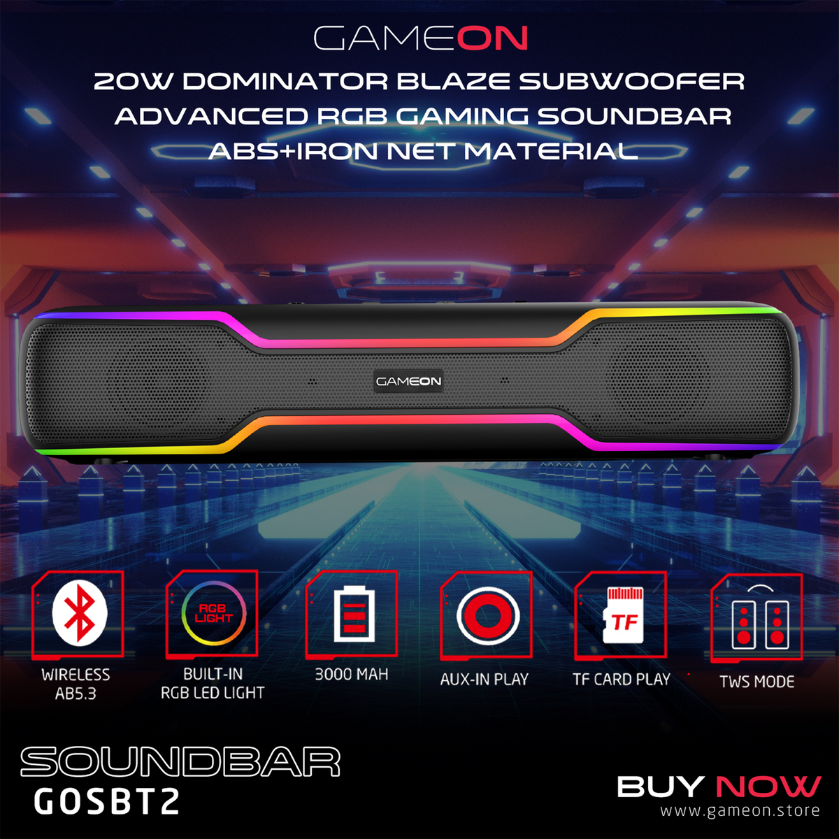 Gameon dominator blaze wireless rgb gaming soundbar - black - audio | speakers