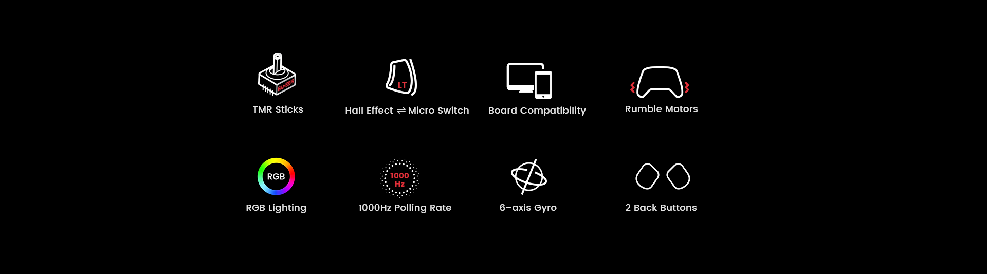 Game controller with key features of TMR sticks, Hall Effect/Micro Switch togglable triggers, broad compatibility, rumble motors, RGB lighting, 1000Hz polling rate, 6-axis gyro, and two back buttons