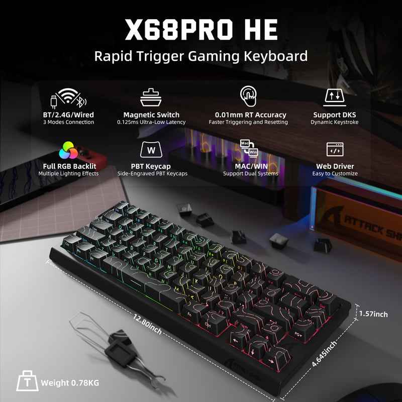 ATTACK SHARK X68PRO HE Wireless Rapid Trigger Keyboard Magnetic Switch