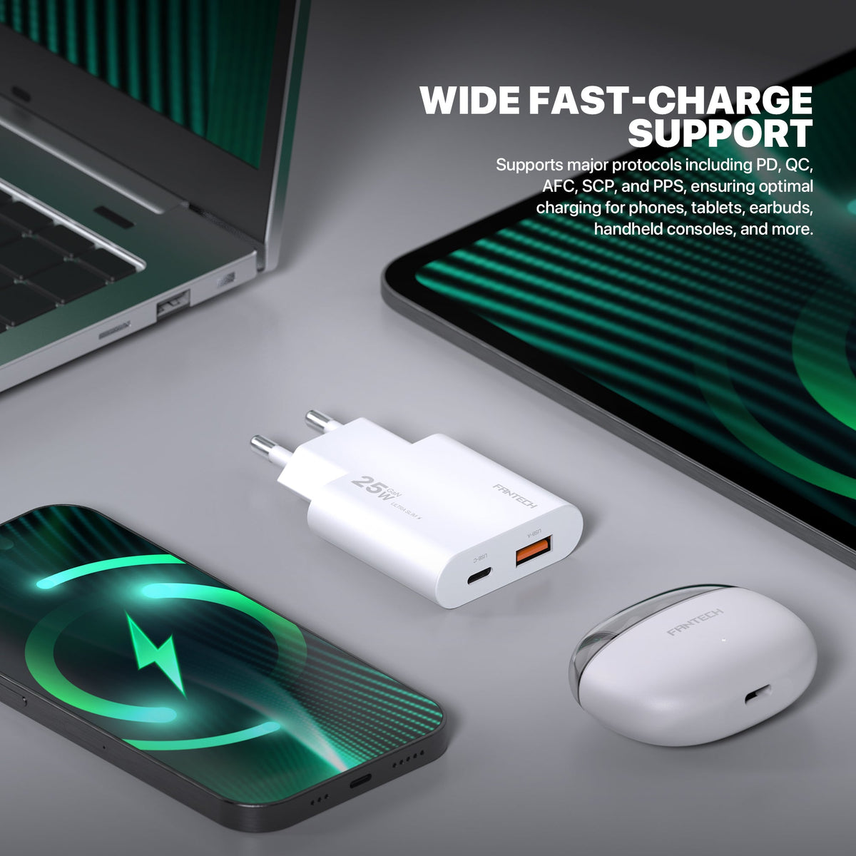 Fantech powerplus pps251 25w gan fast charger – dual-port usb-c & usb-a pd + qc wall charger ultra-slim compact design