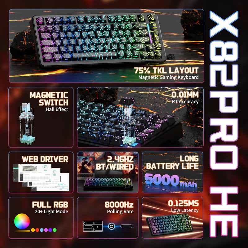 ATTACK SHARK X82PRO HE Wireless Rapid Trigger Gaming Keyboard Magnetic Switch
