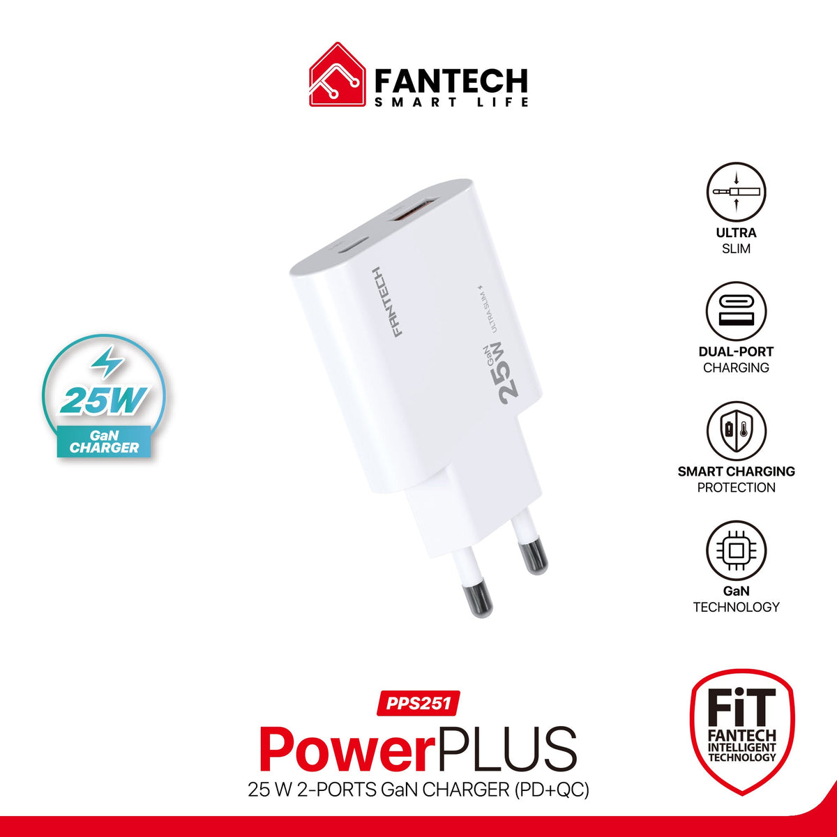 Fantech powerplus pps251 25w gan fast charger – dual-port usb-c & usb-a pd + qc wall charger ultra-slim compact design