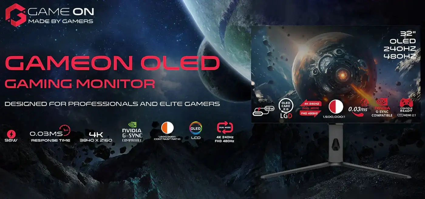 32-inch oled gaming monitor with 4k resolution and 240hz refresh rate, featuring a sleek black frame and stand.