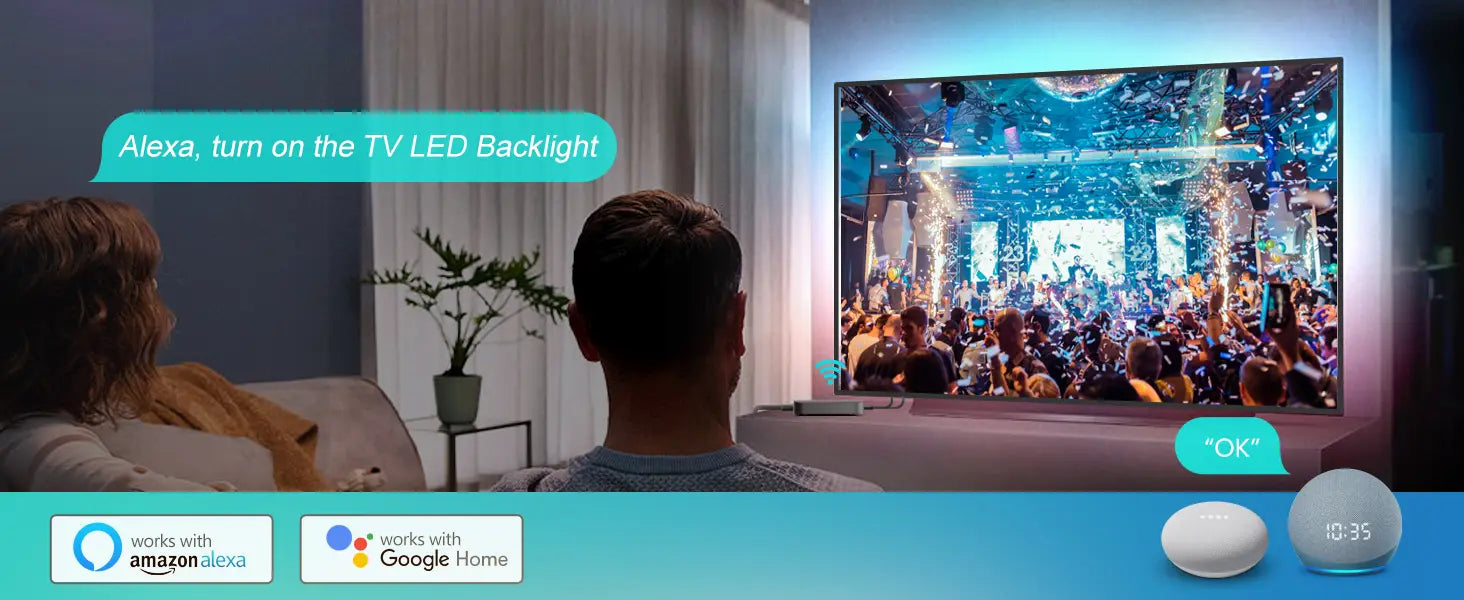 Large TV screen displaying a concert scene. Two small spherical devices in foreground. Text overlay mentions 'TV LED Backlight' and shows voice assistant icons.