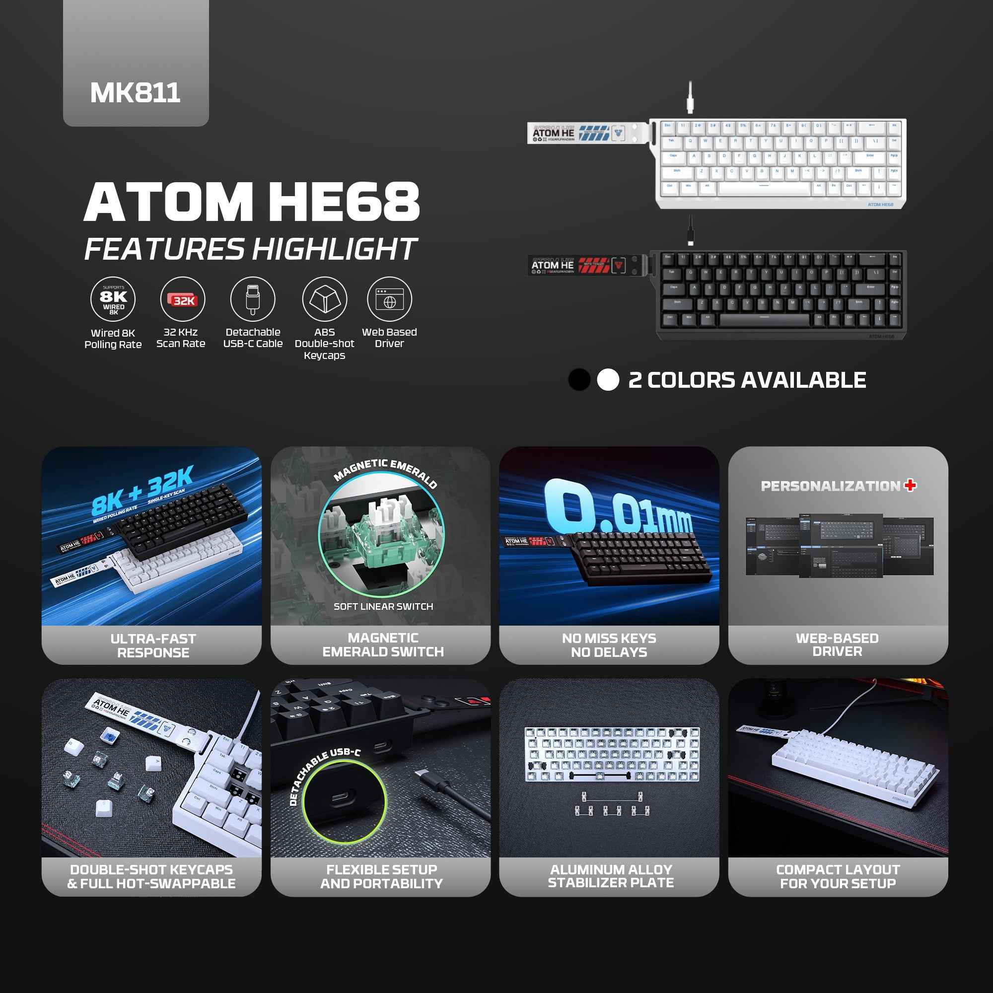 Fantech Magnetic Switch Keyboard ATOM HE68 SERIES MK811 ,White