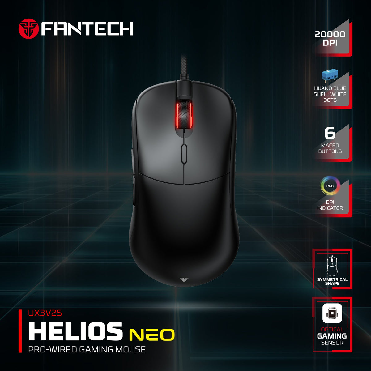 Fantech helios neo ux3v2s wired gaming mouse with rgb lighting 6d macro function 400-20000 adjustable dpi 20 million