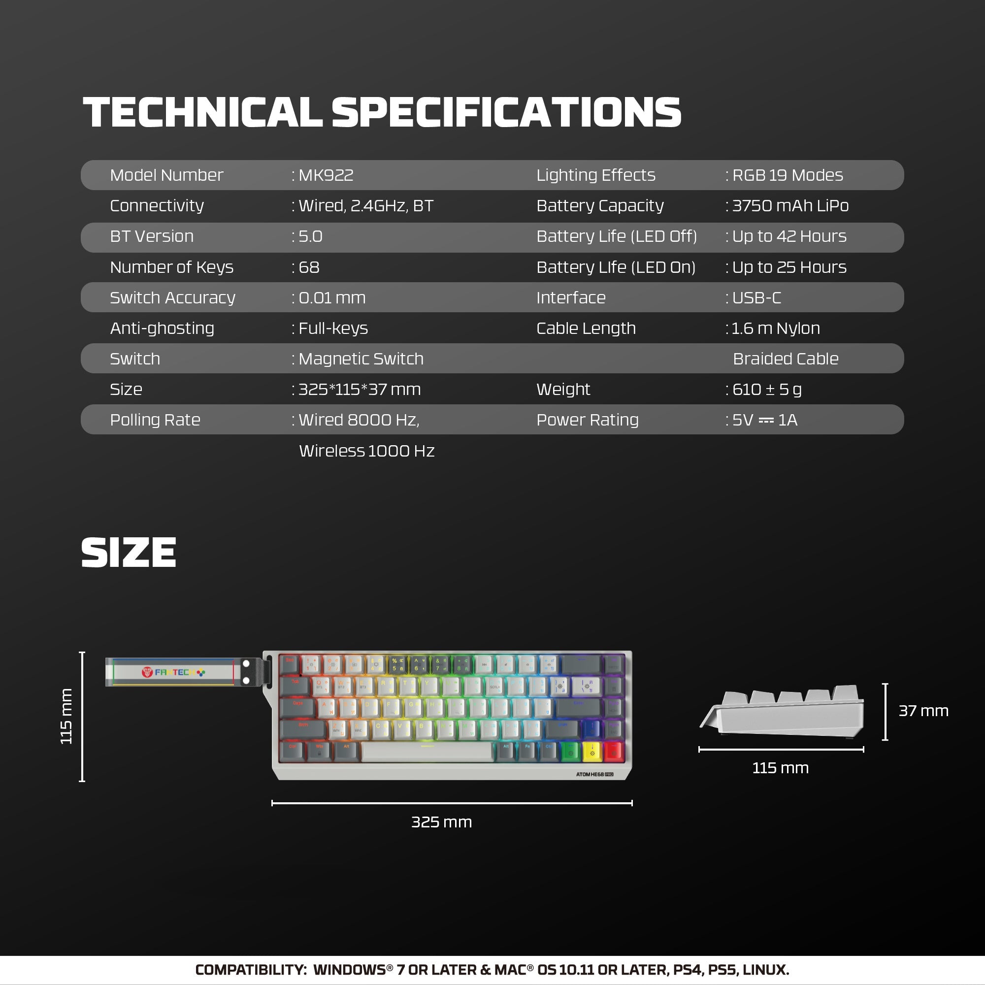 Fantech Keyboard ATOM HE68 MK922 MAGNETIC SWITCH 8000 HZ  – GRAY