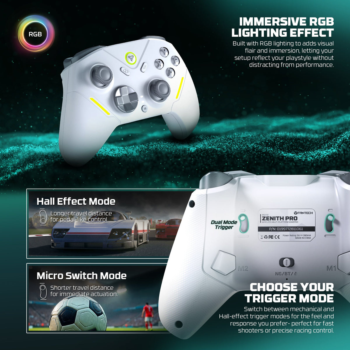 Fantech zenith pro wireless gamepad rgb multi-platform hall-effect game controller with charging dock - console