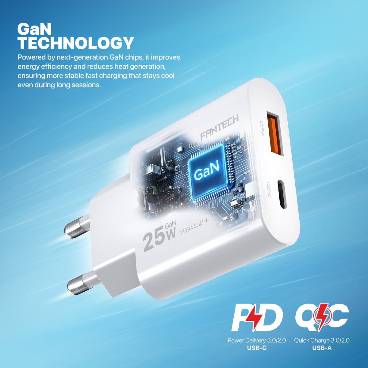 Fantech powerplus pps251 25w gan fast charger – dual-port usb-c & usb-a pd + qc wall charger ultra-slim compact design