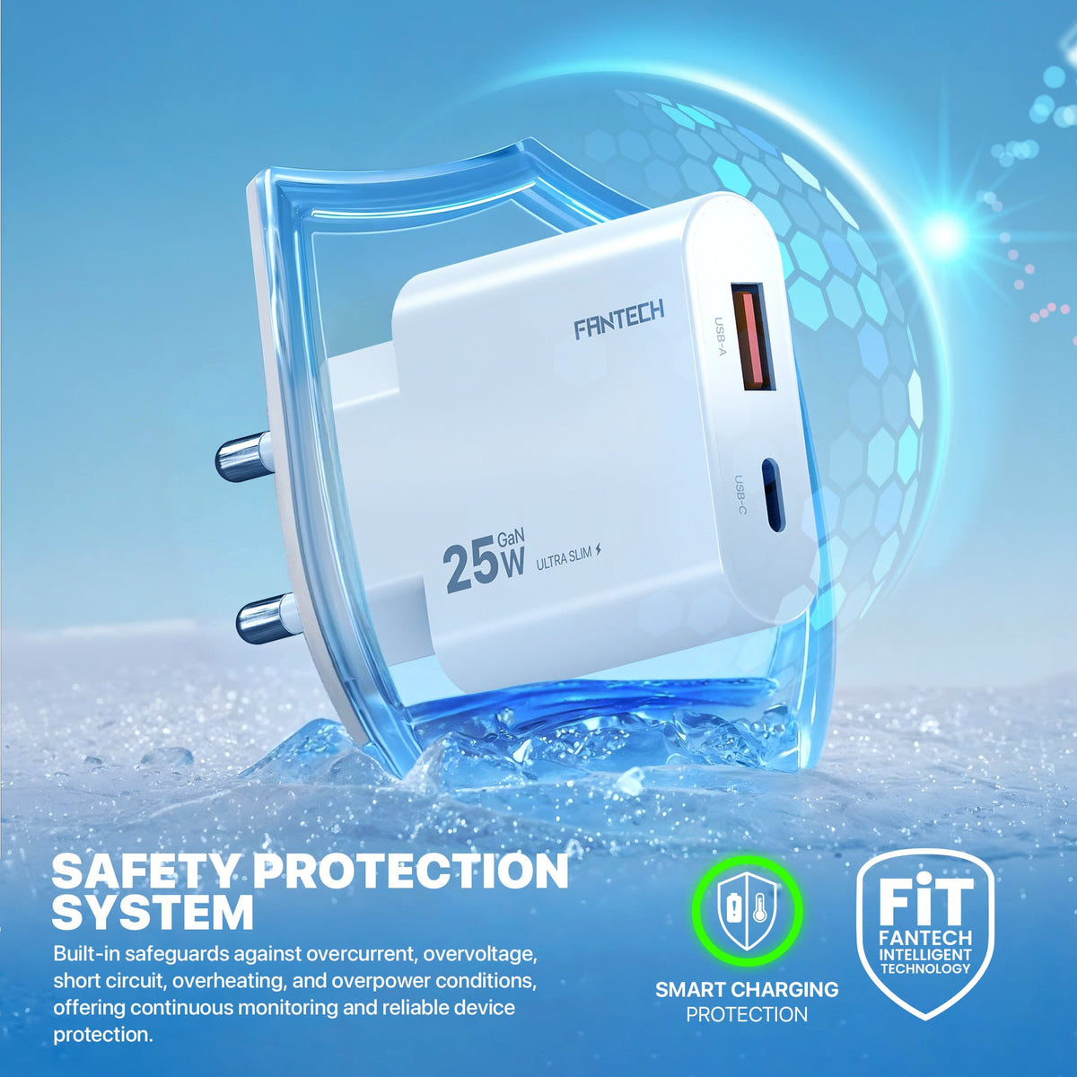 Fantech powerplus pps251 25w gan fast charger – dual-port usb-c & usb-a pd + qc wall charger ultra-slim compact design