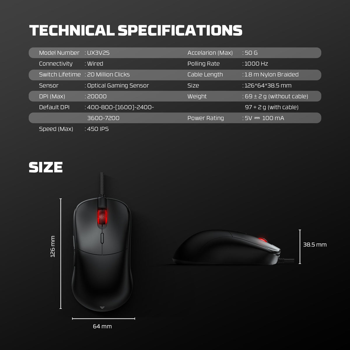 Fantech helios neo ux3v2s wired gaming mouse with rgb lighting 6d macro function 400-20000 adjustable dpi 20 million