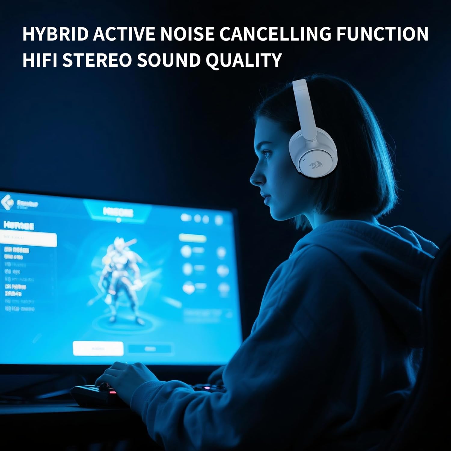 Redragon H610 Wireless Gaming Headset for PC, Mac, NS, Phone - BT 5.3 with Active Noise Cancellation, 40H Battery, Lightweight, Over-Ear Headphones with Built-in Mic, White