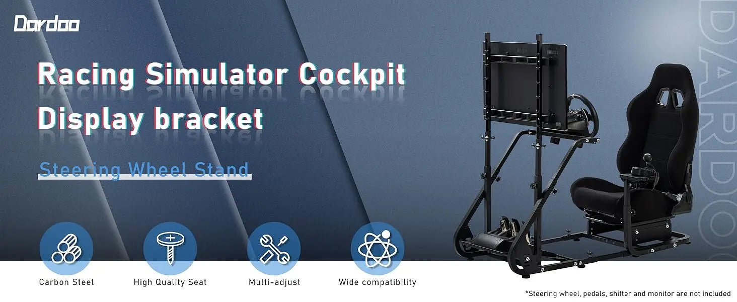 Racing simulator cockpit setup with display bracket. Includes racing seat, steering wheel mount, pedal set, and monitor stand. Icons show adjustability and compatibility features.
