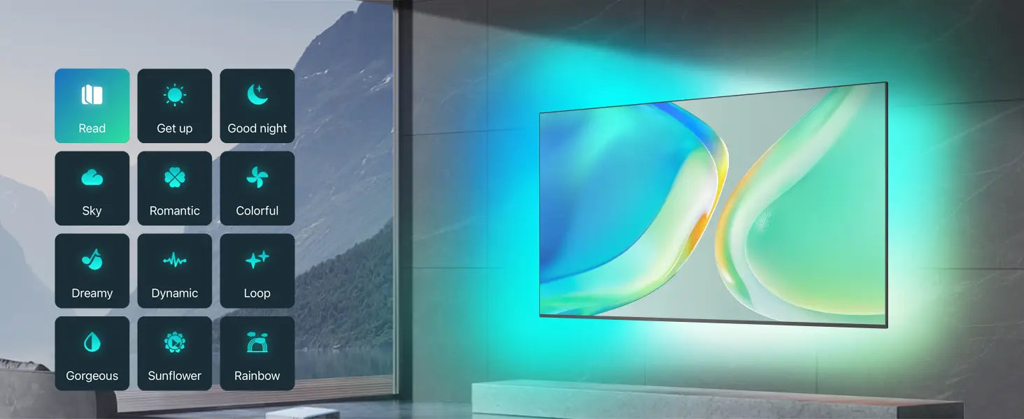 Display showing smart TV or monitor interface with glowing turquoise backlight and grid of control icons against dark background.