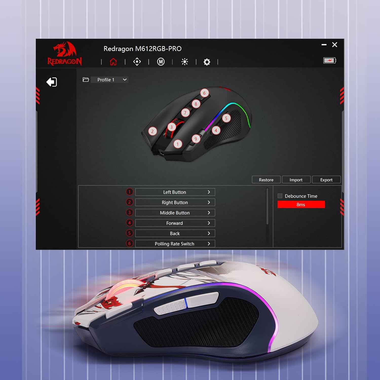Redragon M612AK PRO RGB Anime Gaming Mouse, 8000 DPI Wired/Wireless Optical Mouse with 9 Programmable Buttons & 7 Backlit Modes, BT & 2.4G Wireless, Software Supports DIY Keybinds Rapid Fire Button
