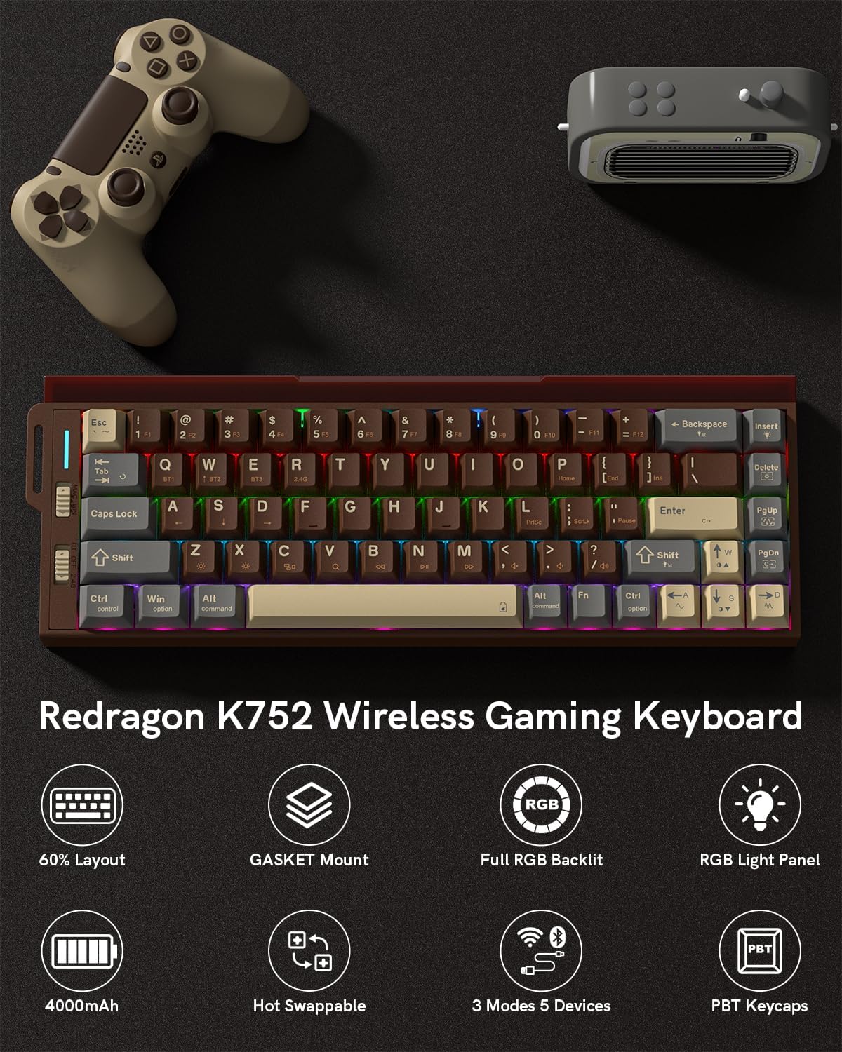 Redragon K752 Wireless Mechanical Keyboard, 60% Gasket Mount Gaming Keyboard with RGB Backlit, Creamy Sound, Tri-Mode 2.4GHz/BT5.0, Hot-Swappable, PBT Keycaps for PC/Mac Gamer