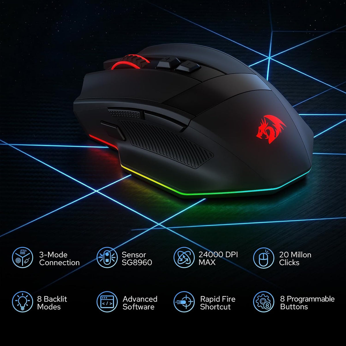 Redragon m923 pro wireless rgb gaming mouse 24k dpi remapping keys | cable-free delay smooth precise tracking custom