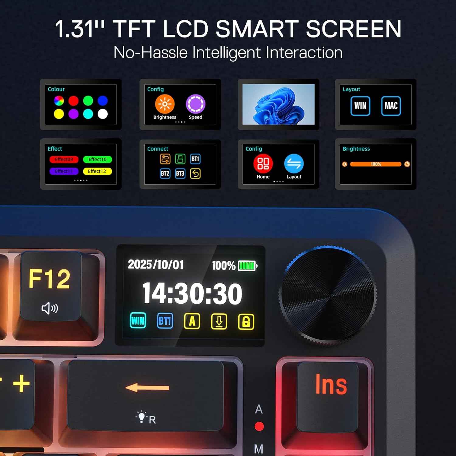 Redragon K724 PRO Wireless Gasket Gaming Keyboard w/Hype Screen & Knob, 81-Key Mechanical Keyboard, Easy-Control 1.14’’ TFT Info Display, 5-Layer Noise Dampening, Custom Linear Switch