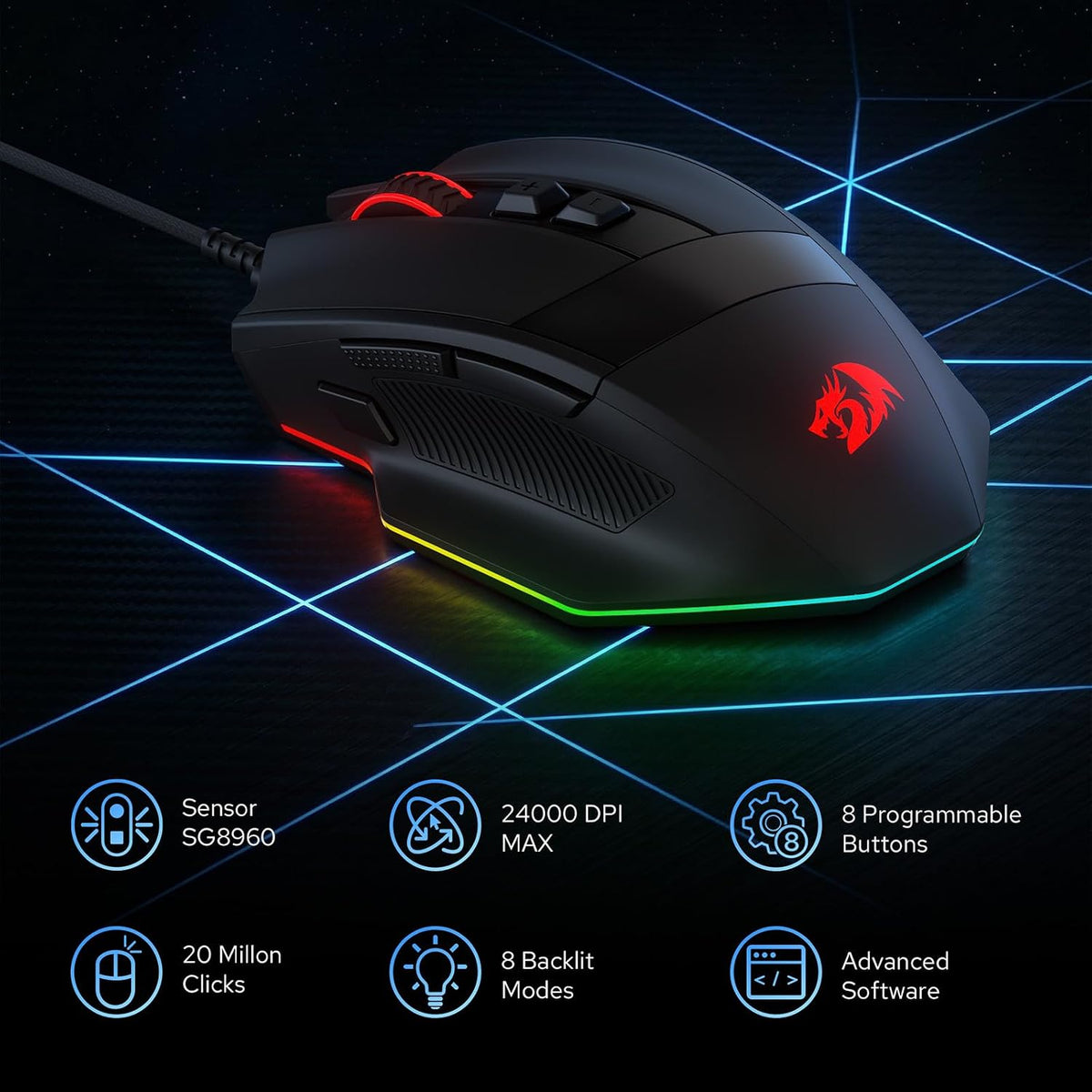 Redragon m923 wired rgb optical gaming mouse 24k dpi remapping keys | stable lag-free connection smooth precise