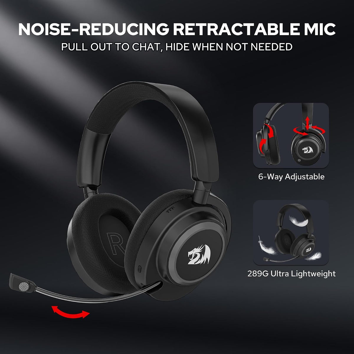 Redragon h891 wireless gaming headset tri-mode (2.4g/bt/wired) 65h battery 50mm drivers & 7.1 surround sound