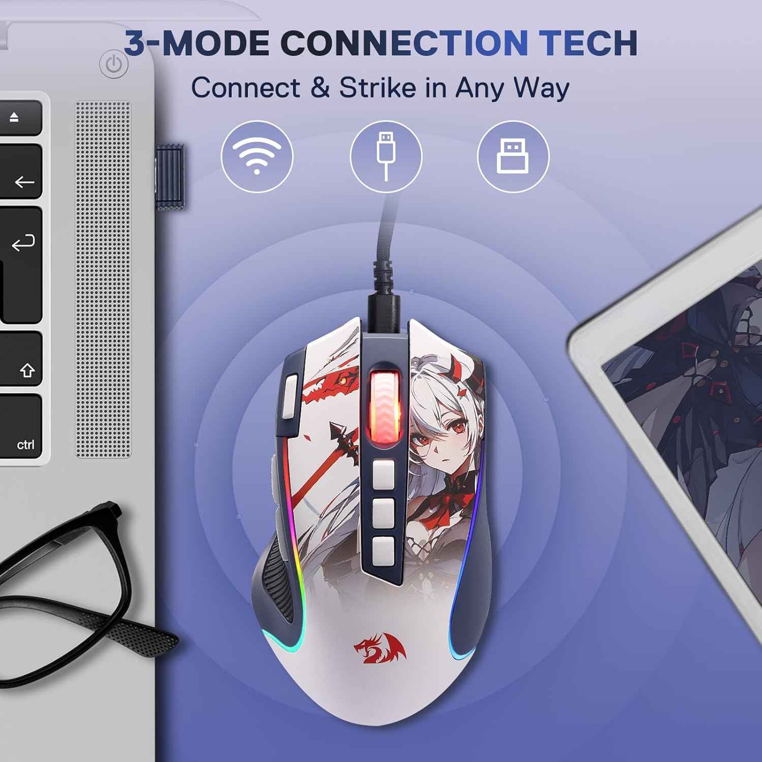 Redragon M612AK PRO RGB Anime Gaming Mouse, 8000 DPI Wired/Wireless Optical Mouse with 9 Programmable Buttons & 7 Backlit Modes, BT & 2.4G Wireless, Software Supports DIY Keybinds Rapid Fire Button