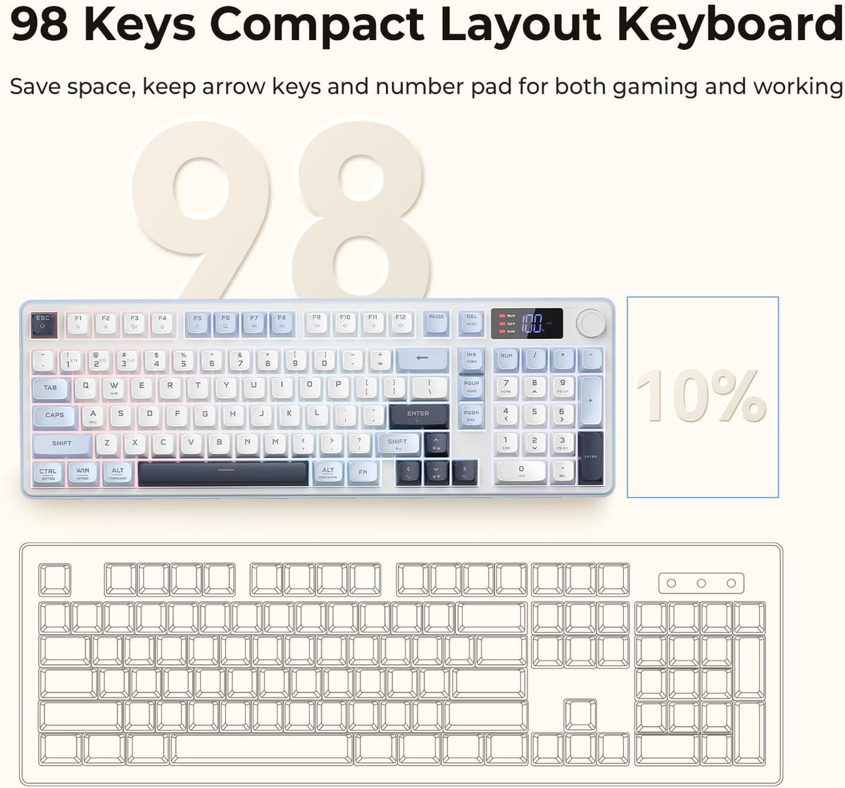 Redragon wireless gaming keyboard 98-key tri-mode (bt/2.4g/wired) rgb computer keyboard with knob & display