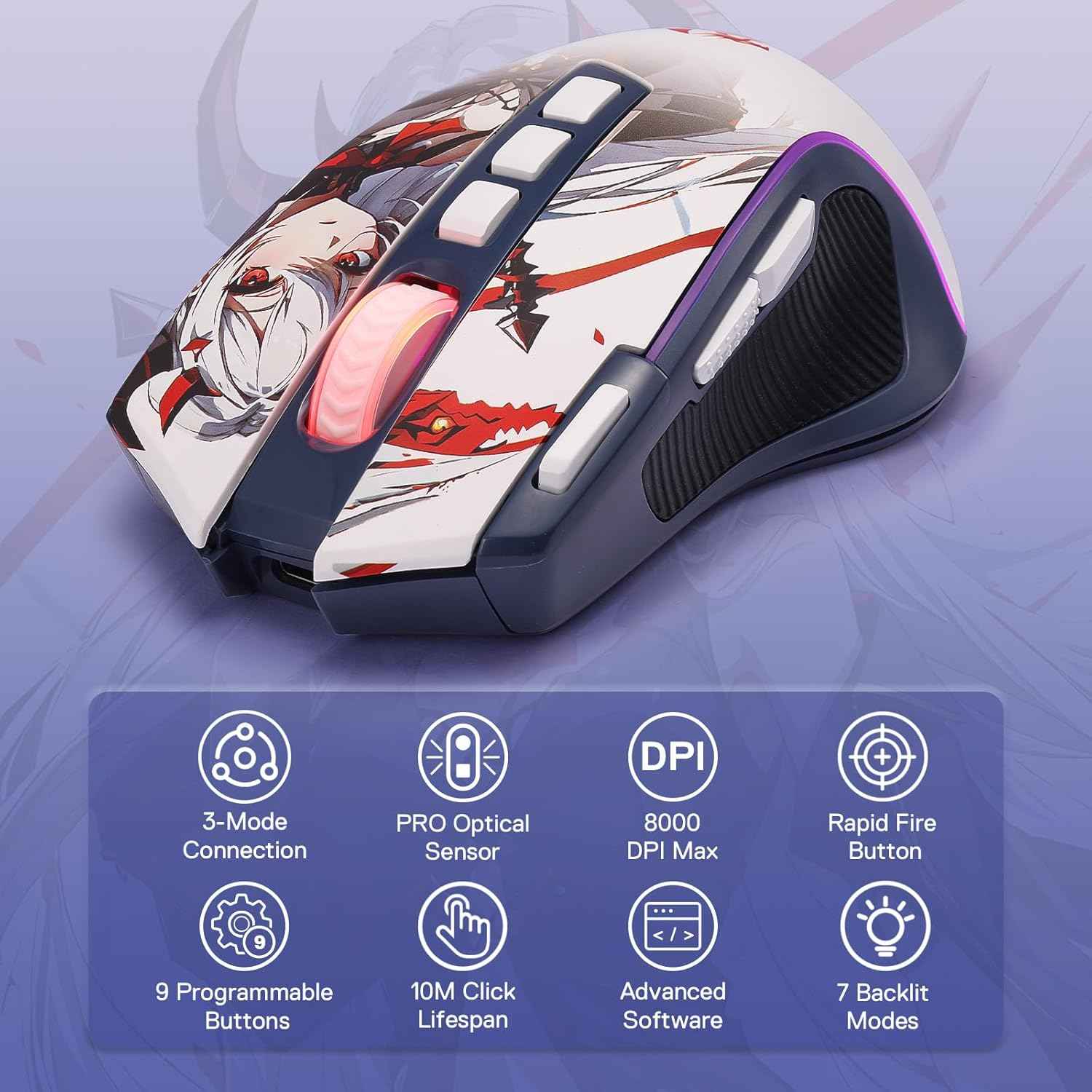 Redragon M612AK PRO RGB Anime Gaming Mouse, 8000 DPI Wired/Wireless Optical Mouse with 9 Programmable Buttons & 7 Backlit Modes, BT & 2.4G Wireless, Software Supports DIY Keybinds Rapid Fire Button