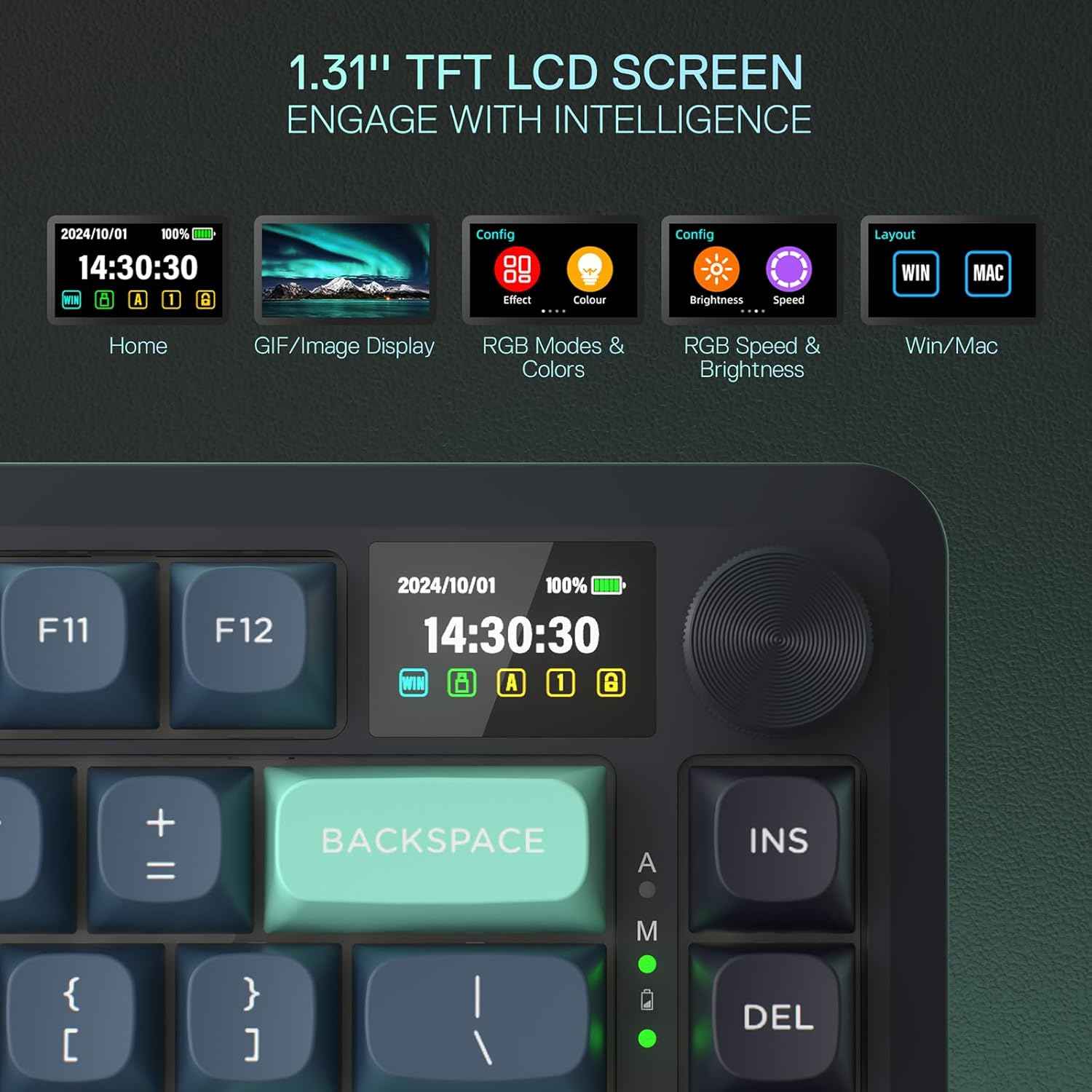 Redragon K724 PRO Wireless Gasket Gaming Keyboard w/Hype Screen & Knob, 81-Key Mechanical Keyboard, Easy-Control 1.14’’ TFT Info Display, 5-Layer Noise Dampening, Custom Linear Switch, Dark Jade Color