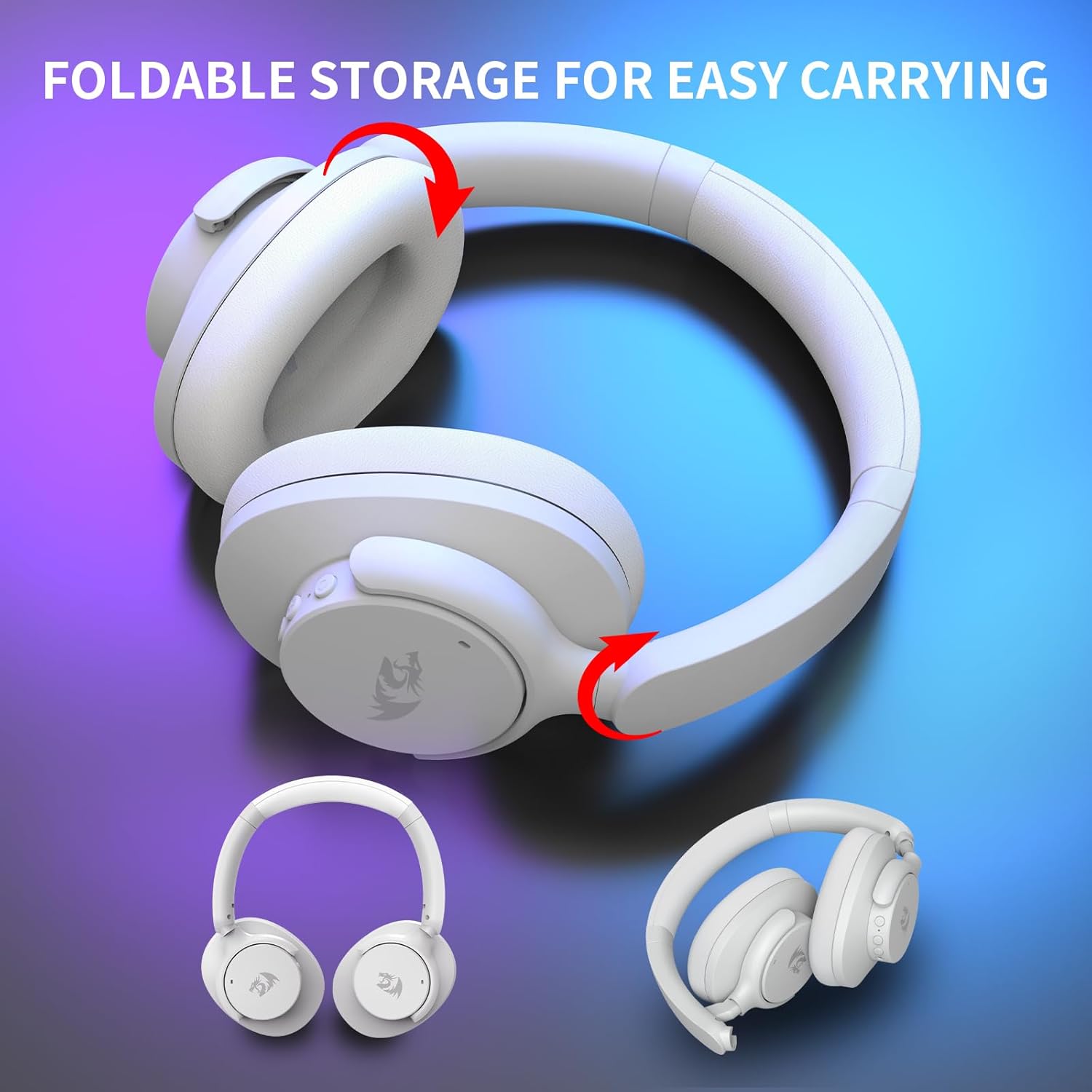 Redragon H610 Wireless Gaming Headset for PC, Mac, NS, Phone - BT 5.3 with Active Noise Cancellation, 40H Battery, Lightweight, Over-Ear Headphones with Built-in Mic, White