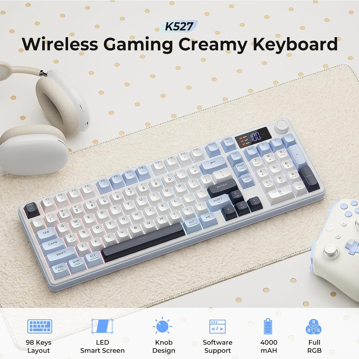 Redragon wireless gaming keyboard 98-key tri-mode (bt/2.4g/wired) rgb computer keyboard with knob & display