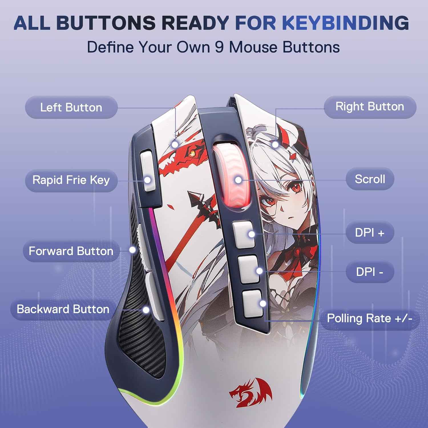 Redragon M612AK PRO RGB Anime Gaming Mouse, 8000 DPI Wired/Wireless Optical Mouse with 9 Programmable Buttons & 7 Backlit Modes, BT & 2.4G Wireless, Software Supports DIY Keybinds Rapid Fire Button