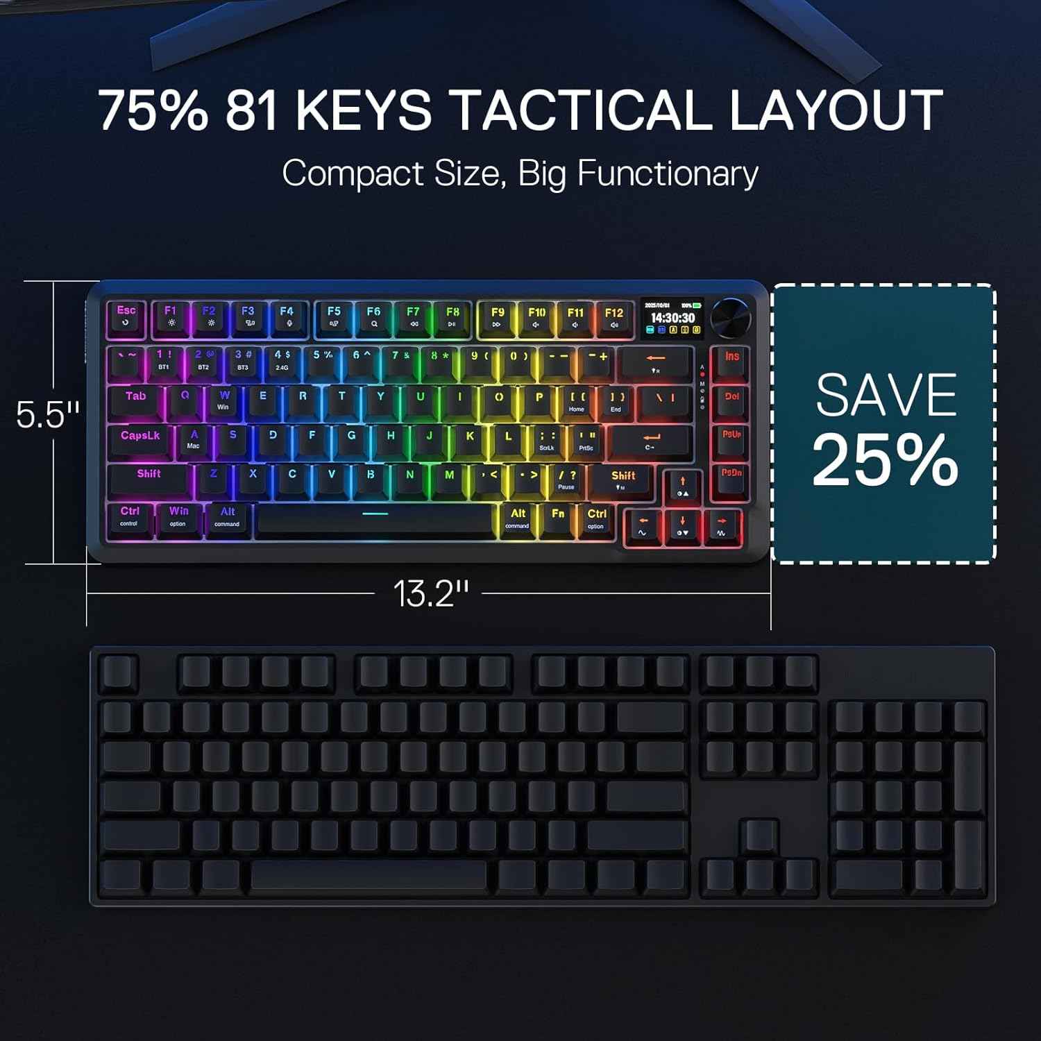 Redragon K724 PRO Wireless Gasket Gaming Keyboard w/Hype Screen & Knob, 81-Key Mechanical Keyboard, Easy-Control 1.14’’ TFT Info Display, 5-Layer Noise Dampening, Custom Linear Switch