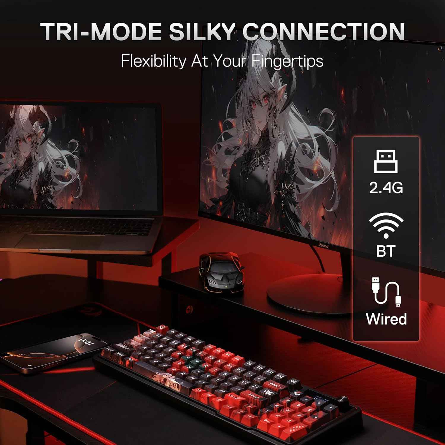 Redragon K719 PRO Wireless Gasket Gaming Keyboard w/Hype Screen & Knob, 95 Keys Mechanical Keyboard, Easy-Control 1.14’’ TFT Info Display, 5-Layer Noise Dampening, Custom Linear Switch, Anime Edition