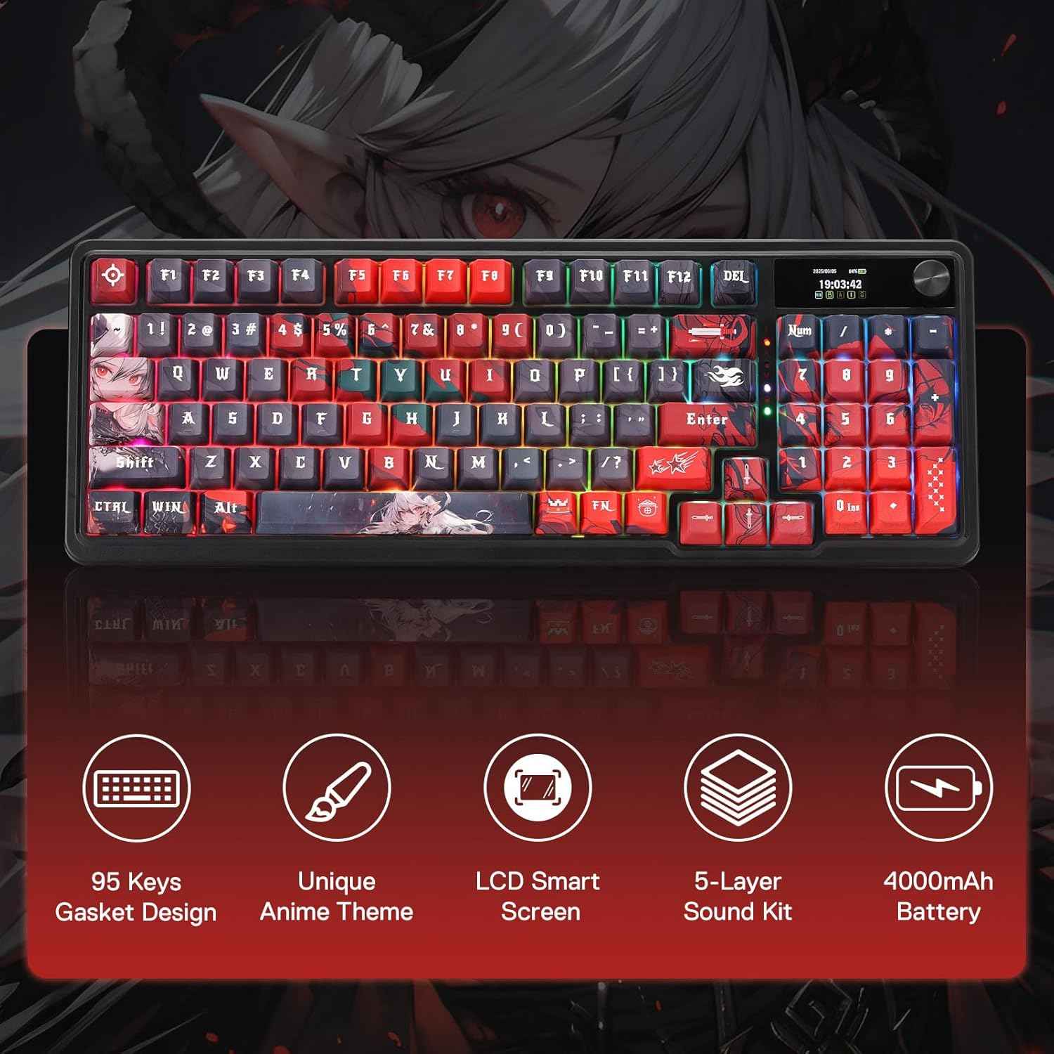 Redragon K719 PRO Wireless Gasket Gaming Keyboard w/Hype Screen & Knob, 95 Keys Mechanical Keyboard, Easy-Control 1.14’’ TFT Info Display, 5-Layer Noise Dampening, Custom Linear Switch, Anime Edition