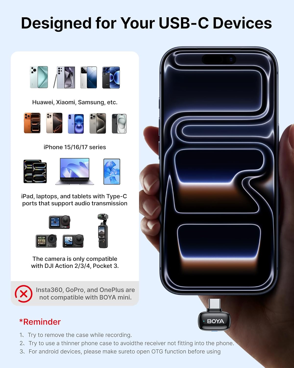 BOYA mini 2 Wireless Lavalier Microphones for iPhone and usb-c