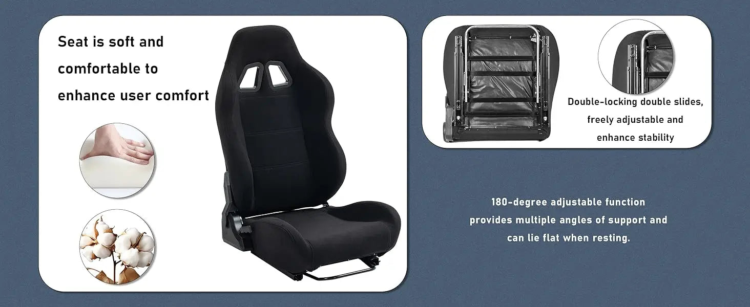 Black adjustable car seat with soft cushioning, 180-degree reclining function, and double-lock stable fixing. Features include enhanced user comfort and multiple support angles.